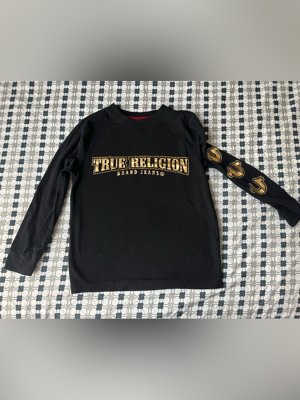 True Religion Black Long Sleeve Tee with Gold Logo & Sleeve Horseshoes